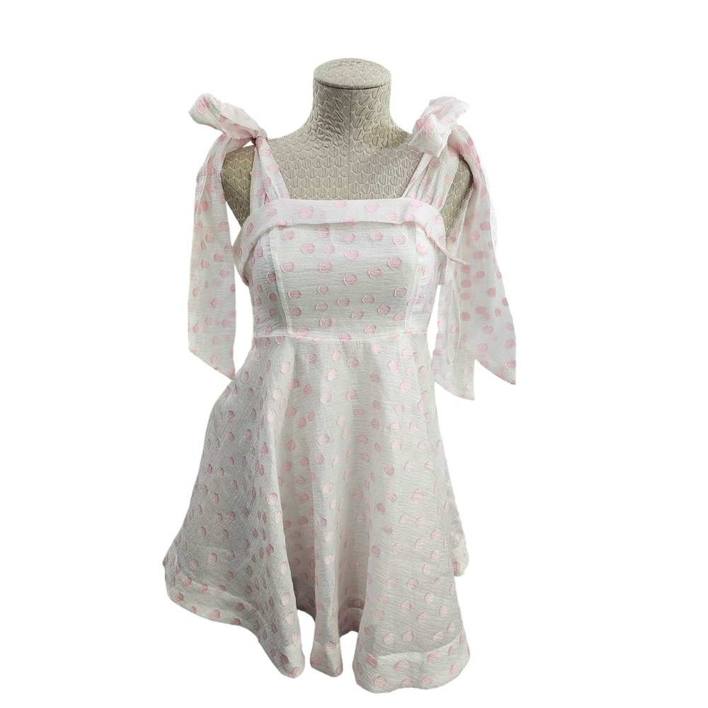 Mable Fit & Flare Mini Sun Dress Women S White Pink Polka Dot‎ Bow Tie Babydoll